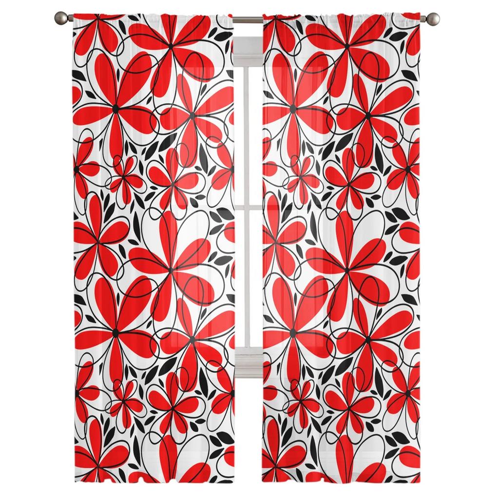 Roter Blumen-Blätter-Vorhang für Schlafzimmer, Tüll-Voile-Vorhang für Küche, Wohnzimmer, Dekor, Fensterbehandlung