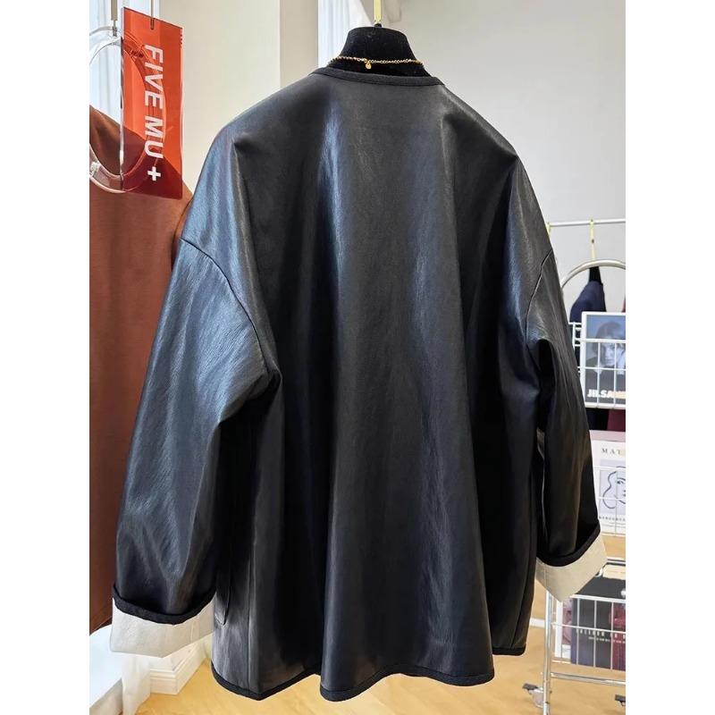 Spring Autumn Women's Faux Leather Jacket V Neck Zip Up Loose Fit Contrast Cuff Casual Outerwear