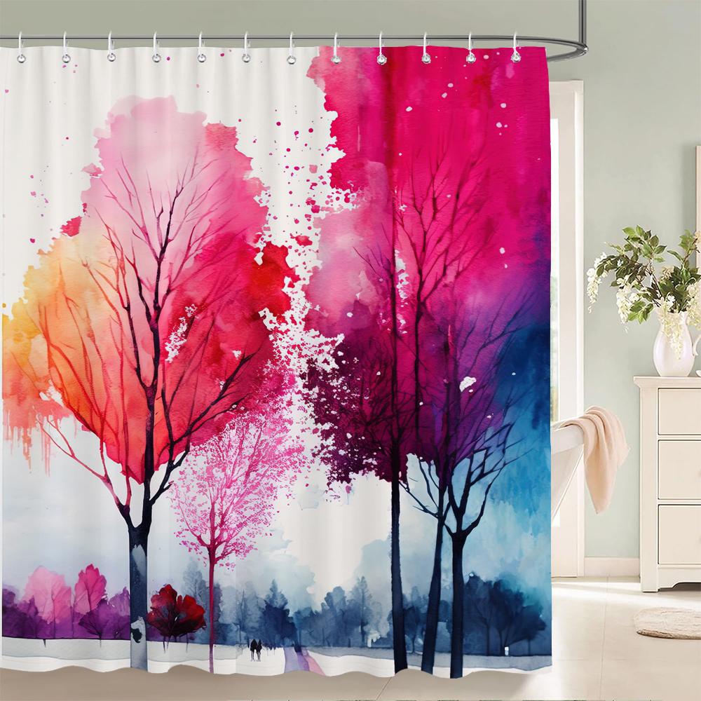3d Watercolor Tree Shower Curtain Plant Floral Pattern Printed Fabric Waterproof Polyester Bathroom Curtain Decor With Hooks