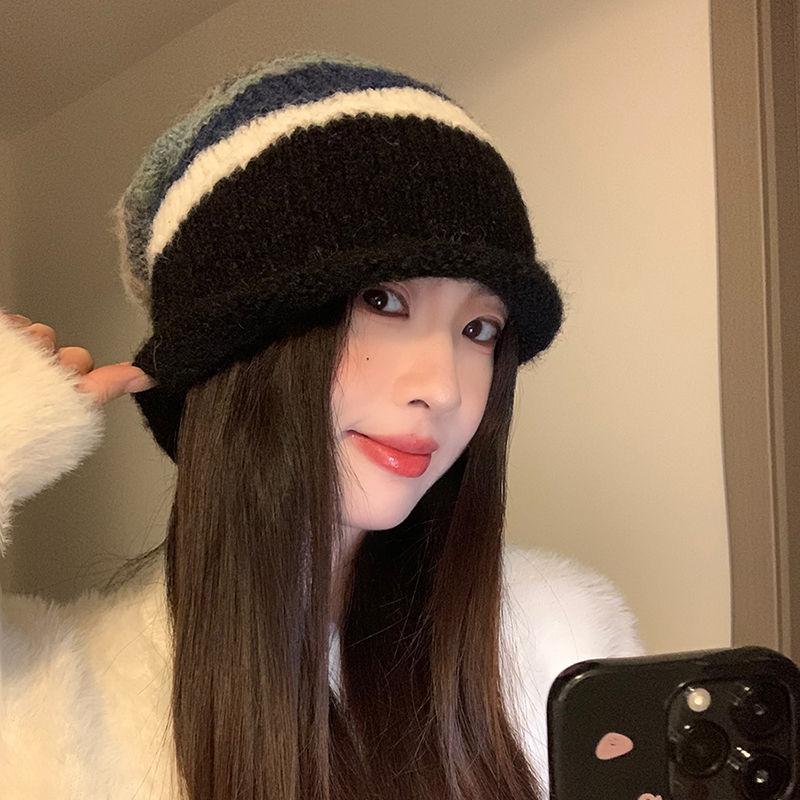 Korean Contrasting Striped Wool Hat for Women In Autumn and Winter New Warm Ear Protection Pile Hat Cold Hat Showing Face Small Knit Hat