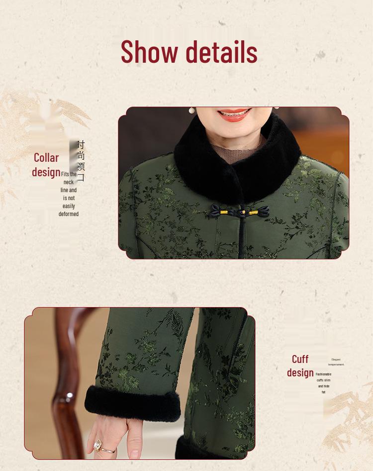 Chinese Winter Deer Velvet Coat with Fur Collar for Middle-Aged & Elderly Women
