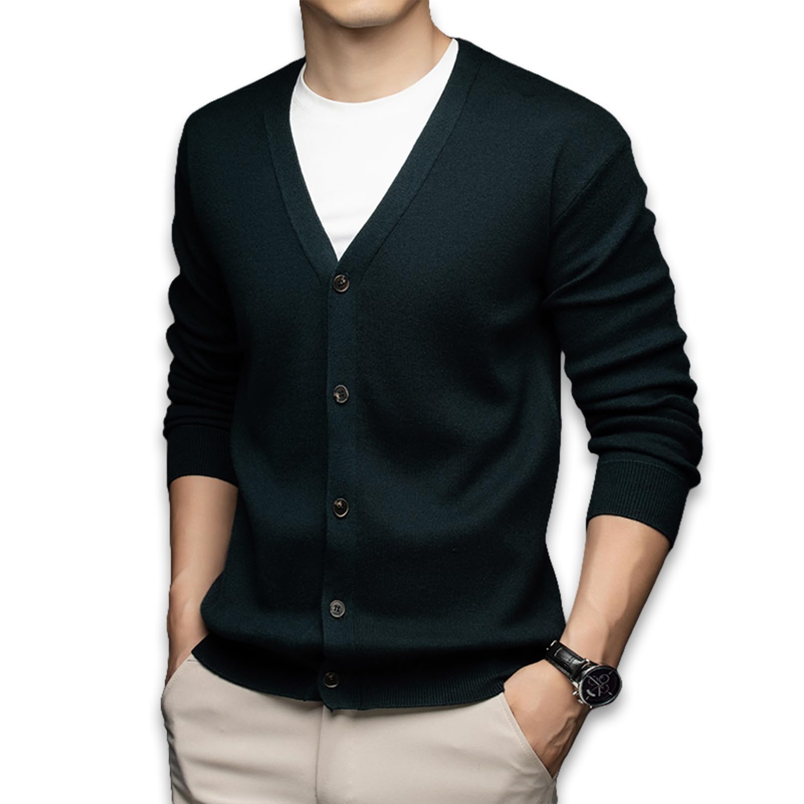 

Sosma Afe Dark Green Knit Long No Easy Loose Sweater Green Men s Cardigan, Sleeve, V-Neck, Pockets, Thick, Comfortable, Care, Fashionable, Fit,