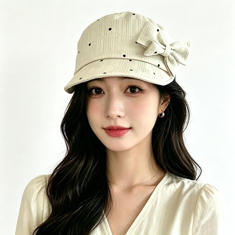 New removable bow polka dot flat top equestrian hat girl heart cap summer thin newsboy hat