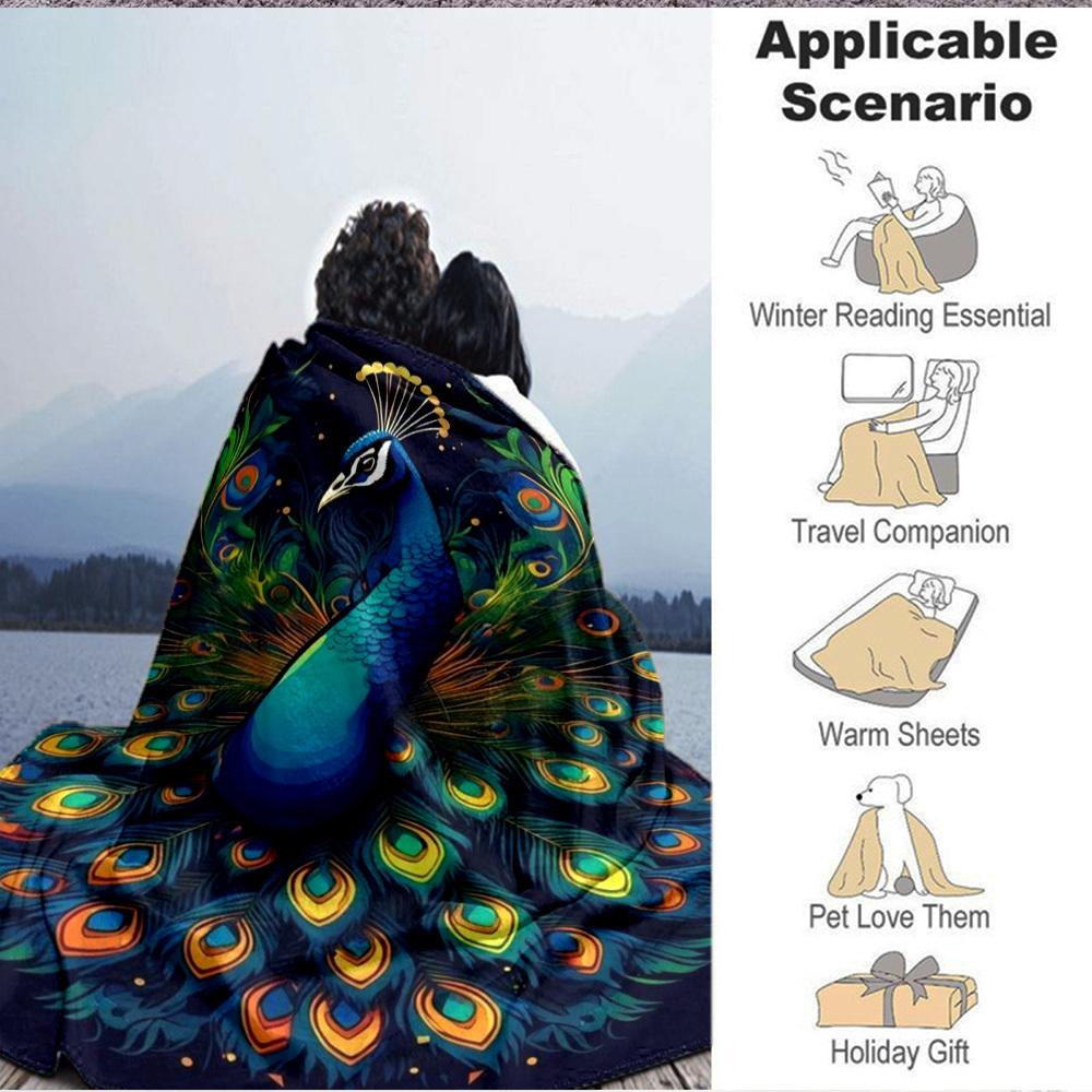 1pc Peacock Feather Blanket Lightweight Flannel Blanket Throw Blanket For Sofa, Bed, Travel, Camping, Livingroom, Couch, Chair, And Bed Yy2509026205