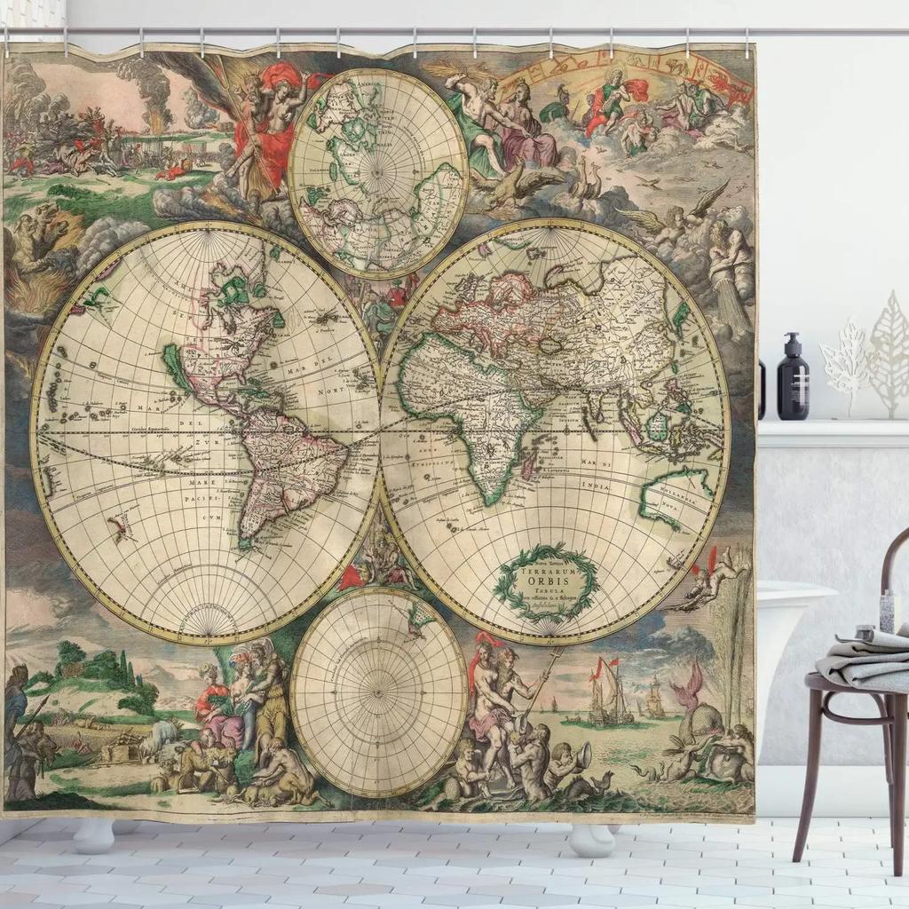 Midden-aarde Kaart Douchegordijn Bergen Vintage Kaart Badkamer Gordijnen Schatkaart Douchegordijn Waterdicht Badkamer Decoratie