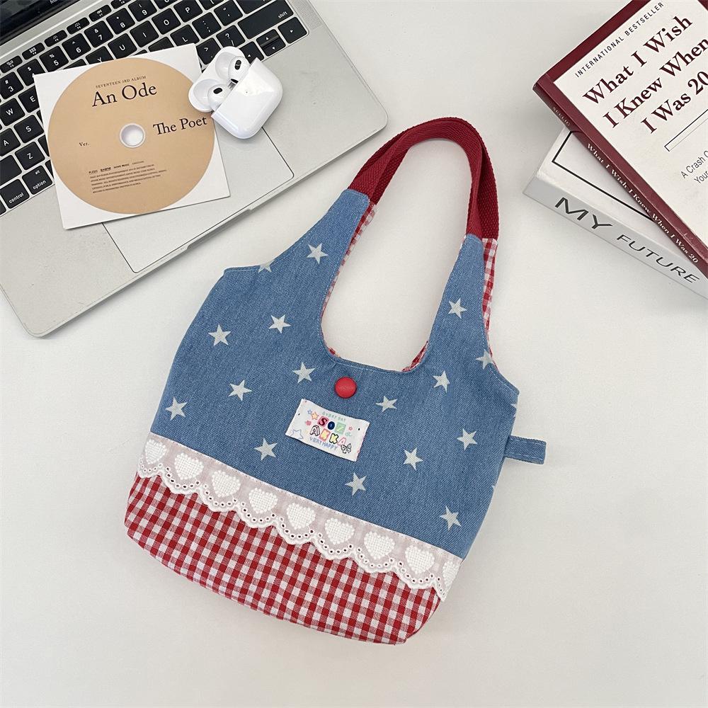 1 Sweet Lace Handbag Splicing Contrasting Color Handbag Going Out Portable Women's Bag