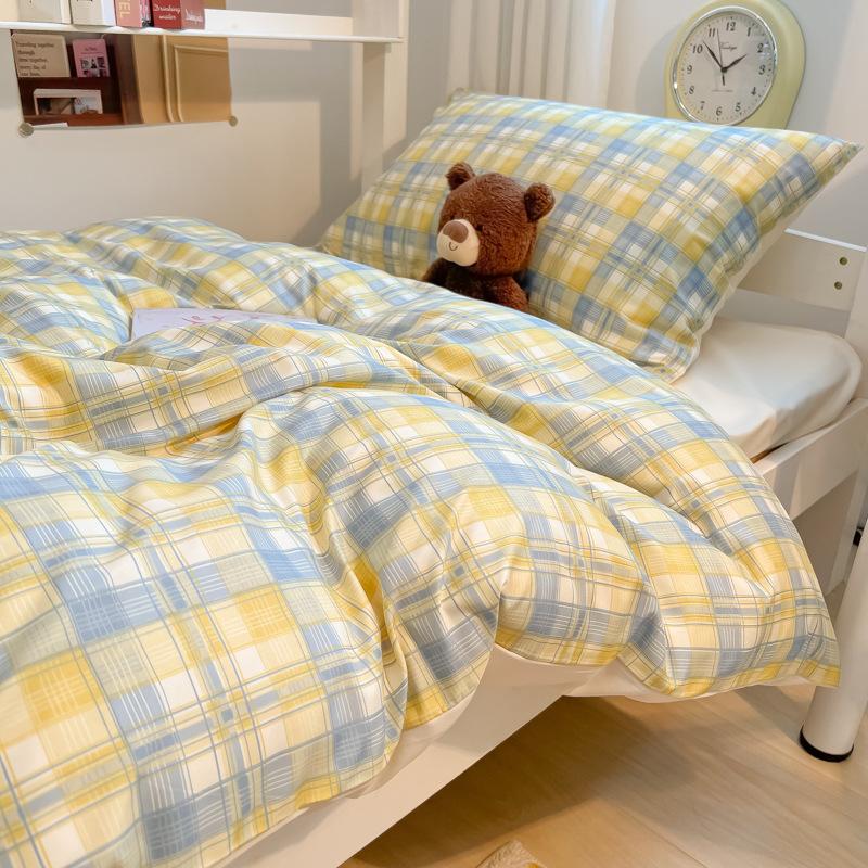 

skin-friendly washed cotton plaid pattern student bed three-piece bed sheet four-piece quilt cover dormitory 1.5m sheet 4pcs