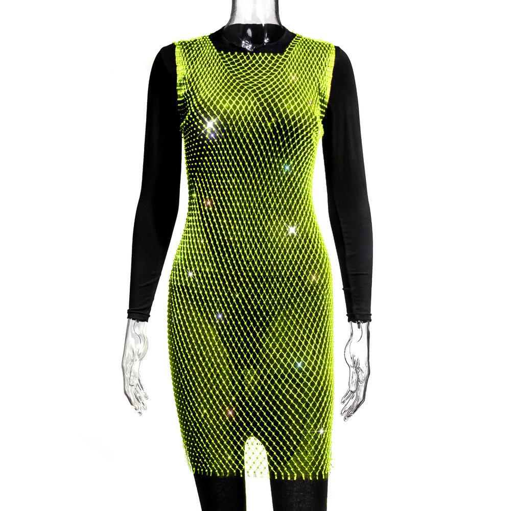 Black Rhinestone Fishnet Sheer Bodycon Mini Dress