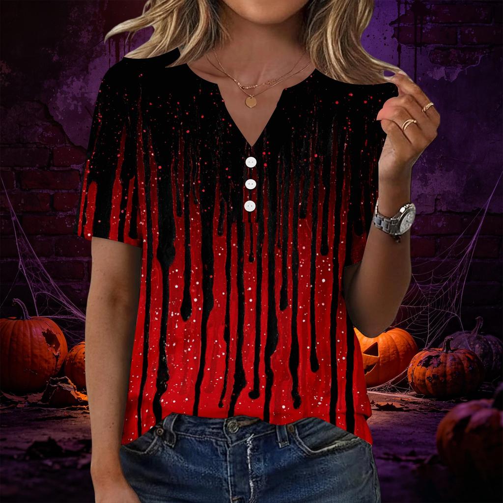 Womens Casual Halloween Print V Neck Short Sleeve Button Decor T Shirt Top Lightweight Comfortable Fit
