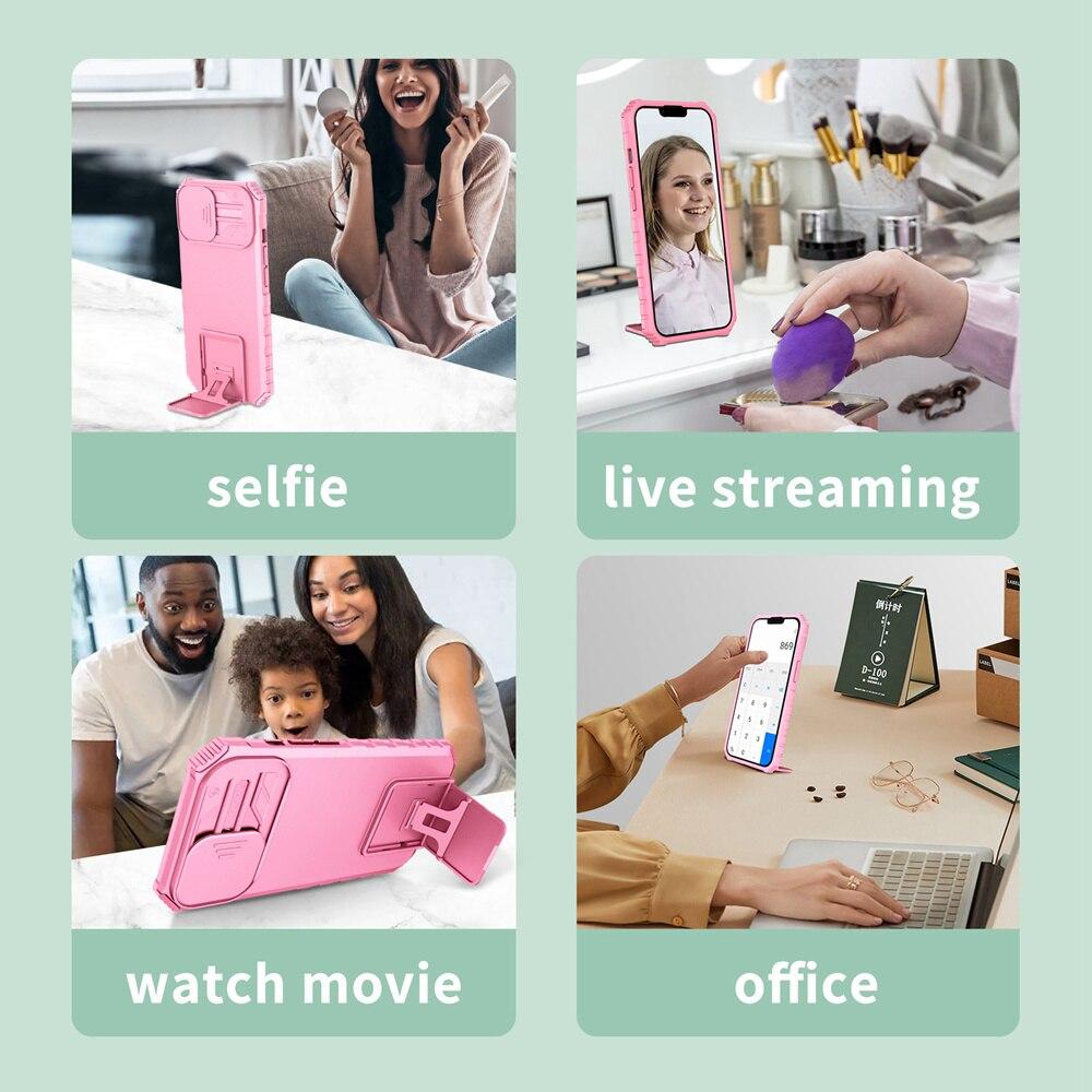 KEYSION Shockproof Case for Xiaomi Redmi A1 10C 10A Push Pull Camera Protection Live Stand Phone Cover for Redmi Note 9 Pro 9S