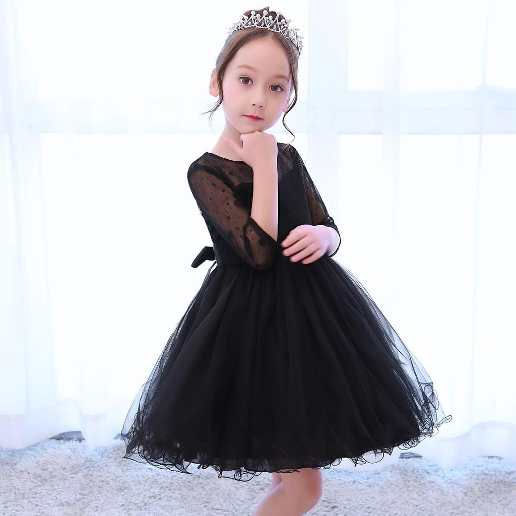 Weileenice Piano Recital Size Formal Soft Embroidered Lace Dress with Sleeves Children's Dress, Black, 110, Girls' Dress, Wedding, Shichi-Go-San,
