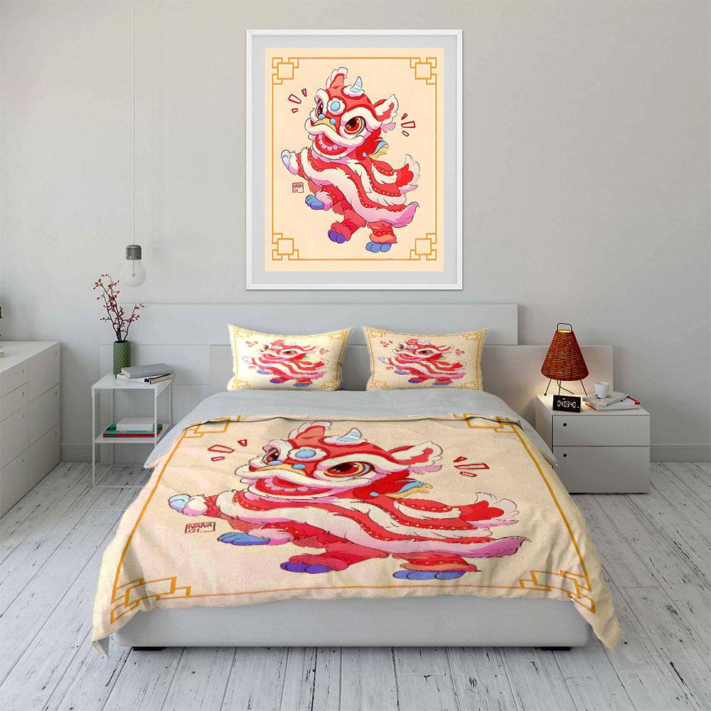 Festive Red Lion Dance Cartoon Print Bedding Set 1 Duvet Cover 2 Pillowcases for Adult and Children Luxury Gift Full Size