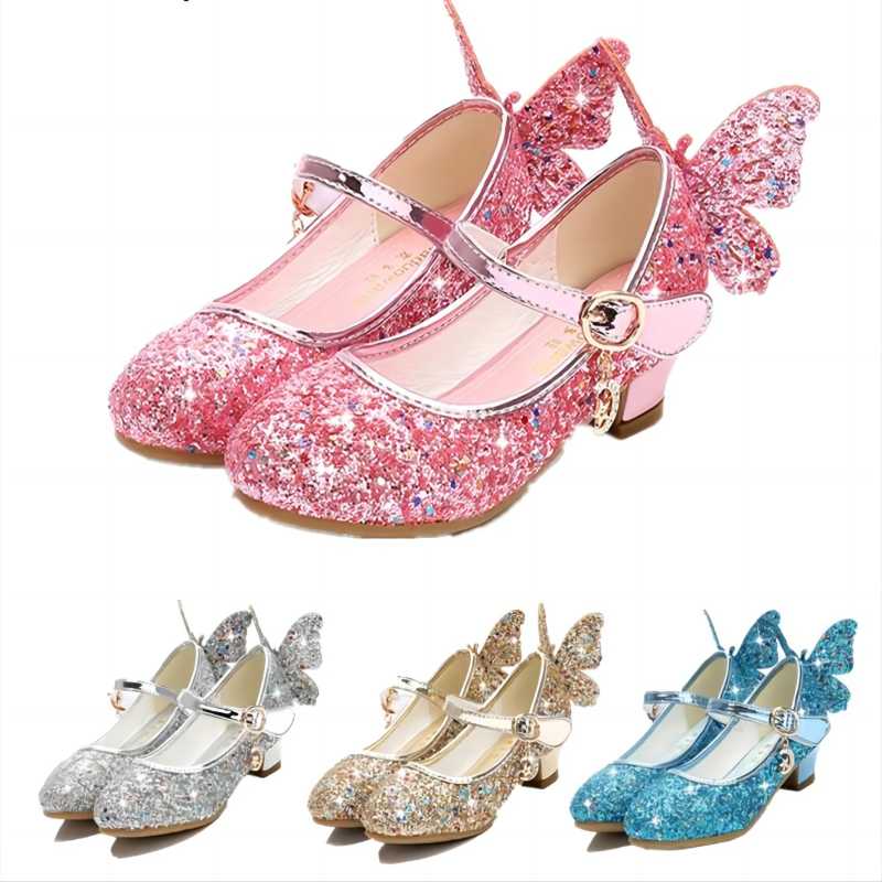 Scarpe da principessa in pelle farfalla per bambini Bowknot con diamanti tacco alto per bambini ragazza danza scarpe glitterate scarpe da ballo per feste per ragazze alla moda