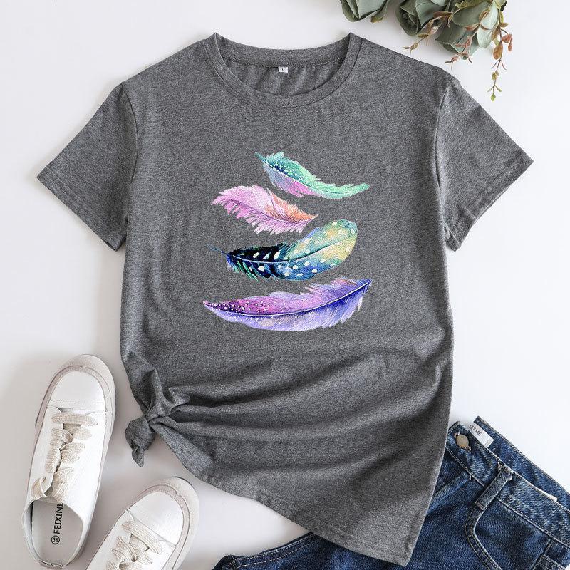 Summer Round Neck Colorful Feather Print Top Fashionable Casual Cute Short Sleeved Women's Pure Cotton T-shirts