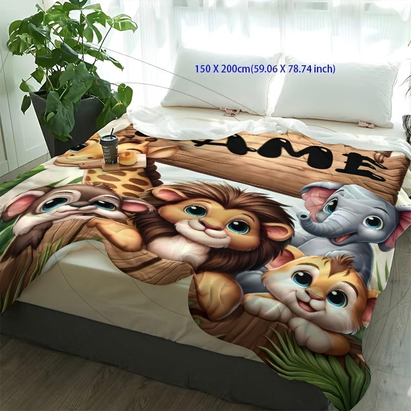Custom Name Zoo Animal Flannel Blanket - Elephant/Lion/Monkey Print, Lightweight All-Season for Picnics/Travel, Machine Washable
