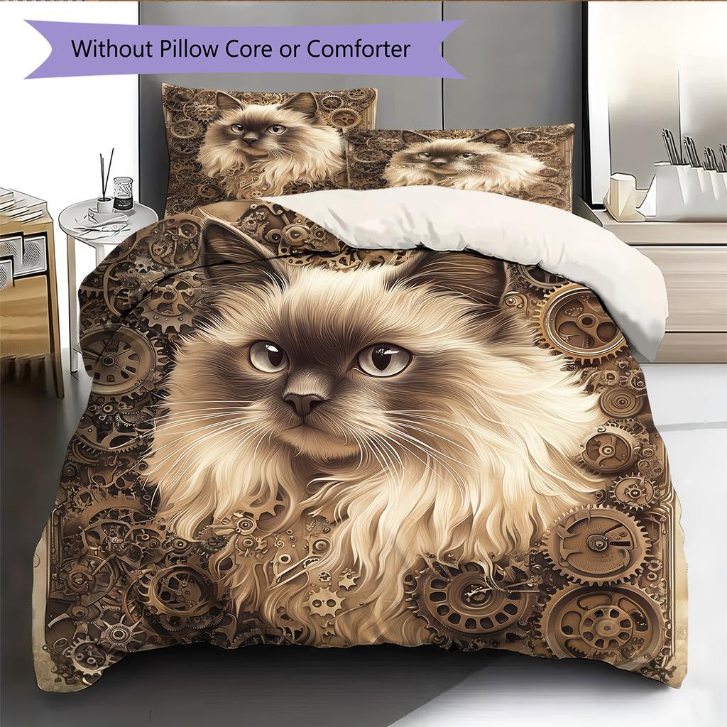 Gear Cat Pattern Bedding Quilt Set Quilt Cover Pillowcase Home Decoration Gift (1 * duvet cover + 2 * pillowcase, without core)