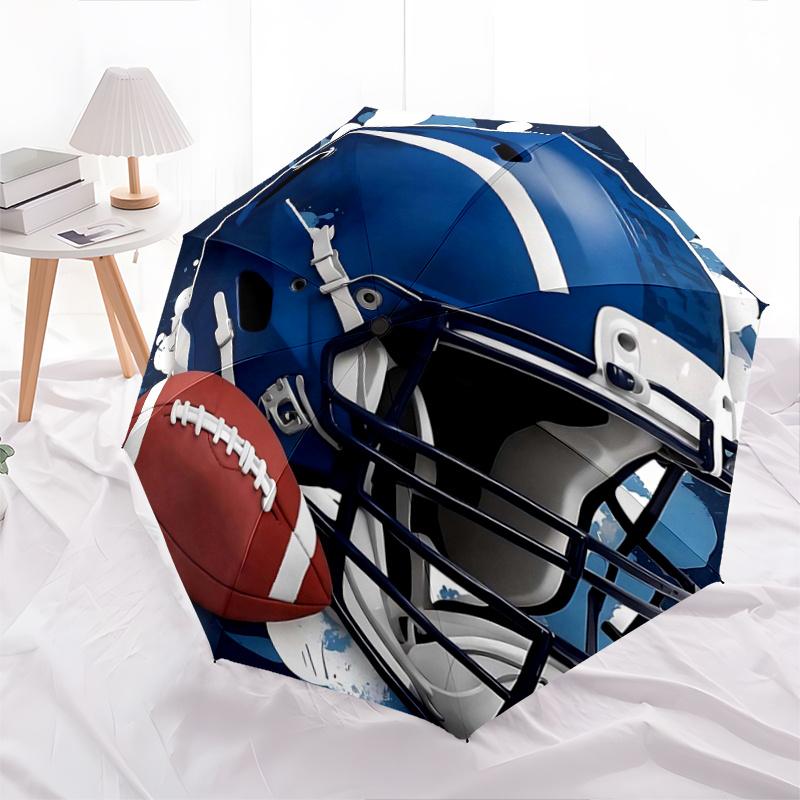 1pc Blue Football Helmet Pattern Practical Umbrella, Fashionable, Personalized, High-Value Folding Umbrella, a Must-Have for Summer, 8-Rib Durable Iro
