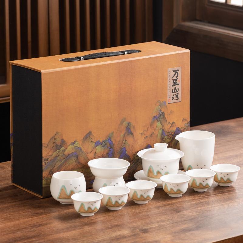 

Suet jade porcelain kung fu tea set cover bowl teacup teapot business gift 11-piece set for leading teacher father