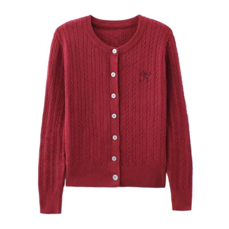 Autumn and winter loose twist bow embroidered knitted long-sleeved cardigan women's design sense lazy crew neck jacket top tide