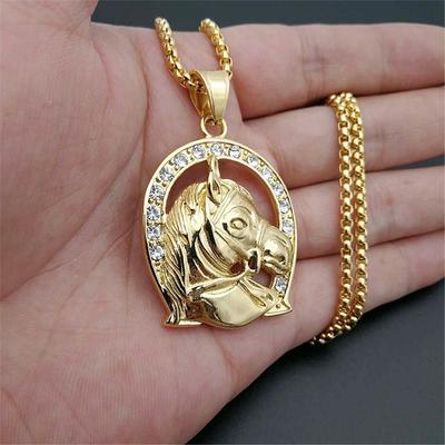 Hip Hop Iced Out Bling Horse Head Pendant Gold Color Stainless Steel Horseshoe Necklace for Men Jockey Club Jewelry Gift 2025