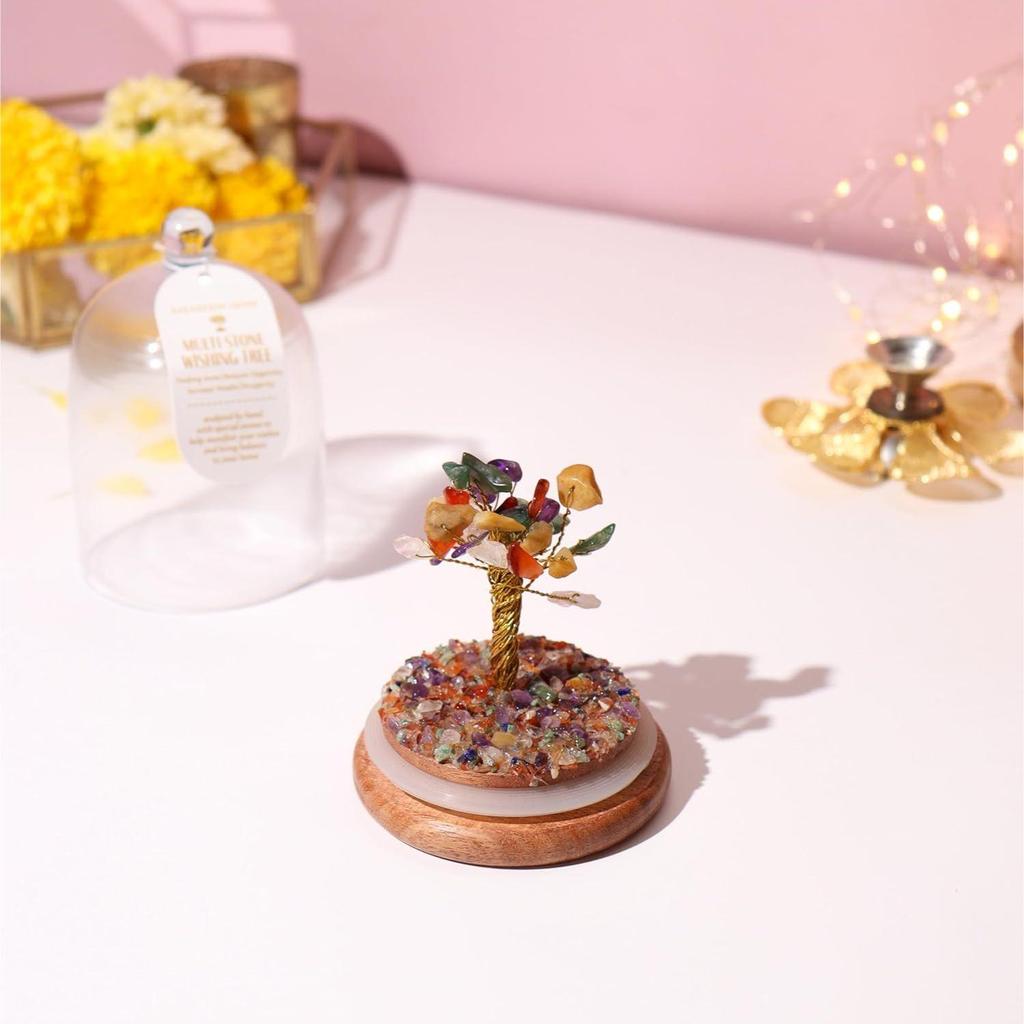 Dome Crystal Chakra Tree | Encased Gemstone Bonsai for Healing, Energy Balance, Meditation |