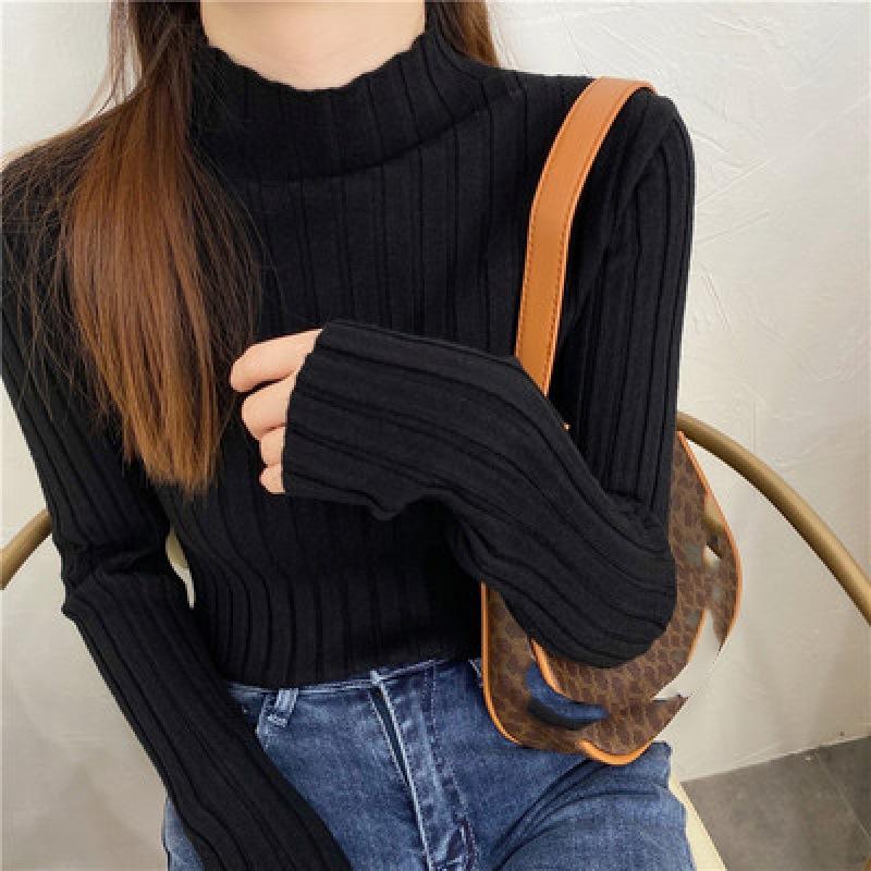 Pit Strip Half Turtleneck Bottom Shirt with Sweater Female Autumn and Winter White Chic Top Black Sweater