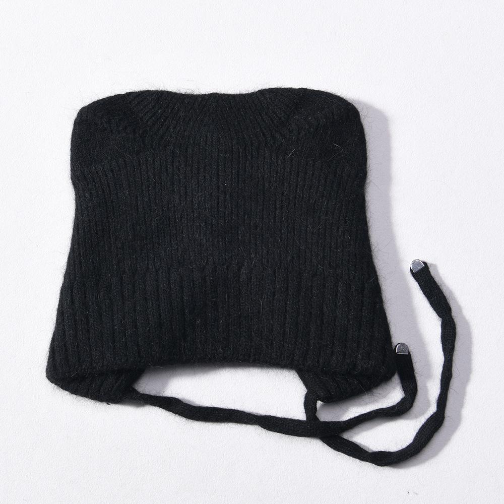 Solid color Angora long rabbit hair lace-up cat ear hat warm wool hat knitted hat windproof ear protection