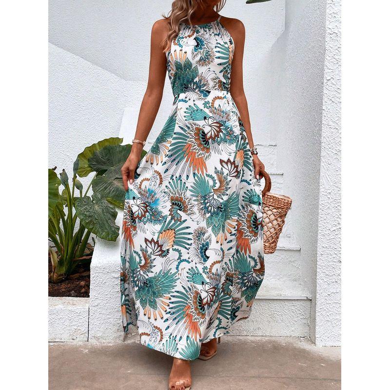 

Пляжный отдых в Санье, Богемный стиль с открытыми плечами, Сексуальное платье с открытой спиной на тонких бретелях, Длинное платье для женщин Green color on white background 2XL