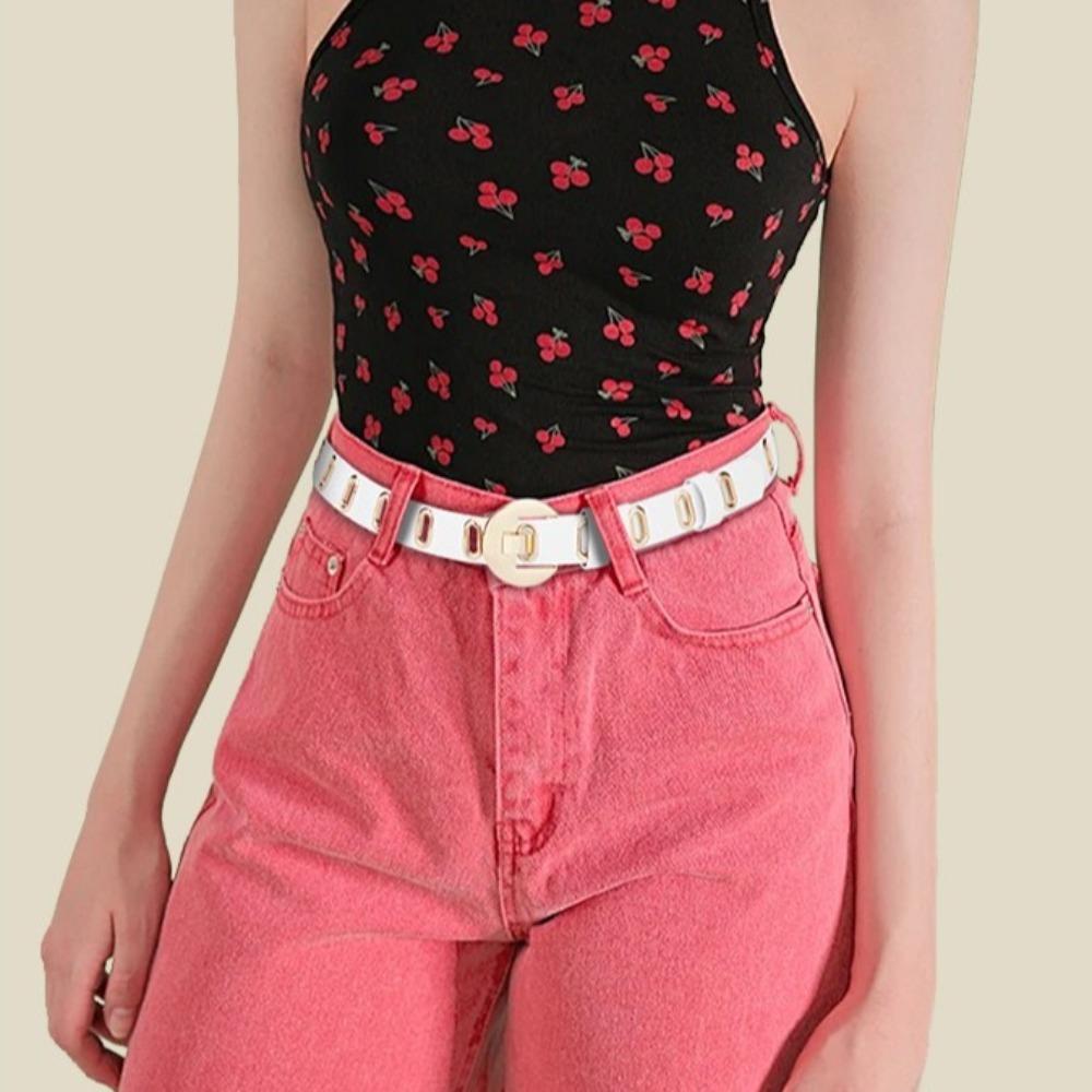 Hollow Women Waistband Round Buckle Waist Belt Personality PU Leather Belt  Men
