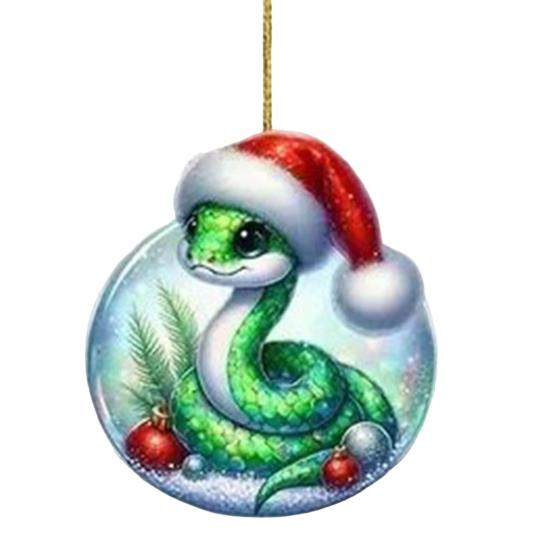 Hadí vánoční ozdoba Plochá 2D akrylová kreslená hadí přívěsek Slavnostní had se Santa čepicí