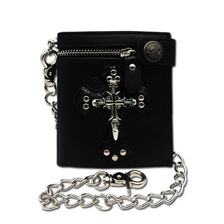 Mens Gothic Cross Clasp Leather Wallet with Antique Biker Chain Black