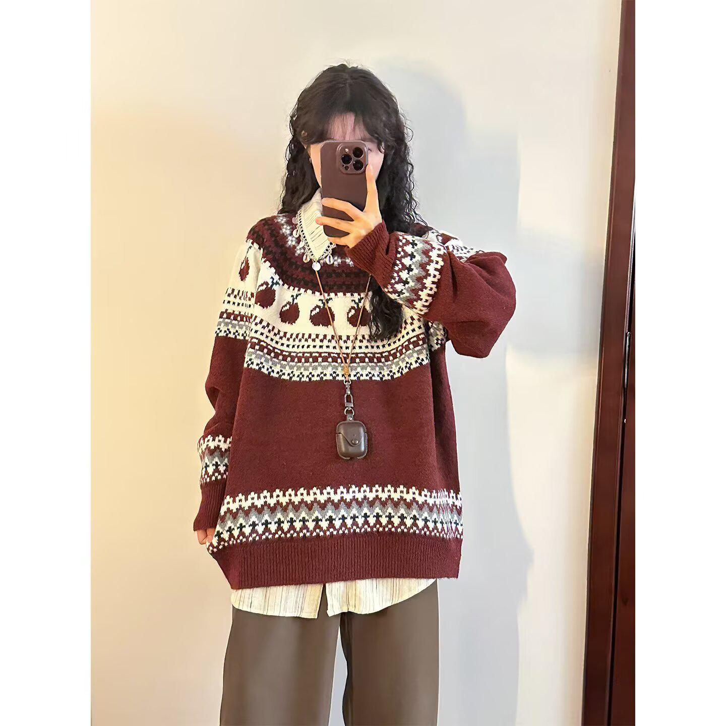 

Унісекс Светр Жаккард у смужку в стилі Fair Isle: Осінньо-Зимова Кольорова Блокова Мода L червоний