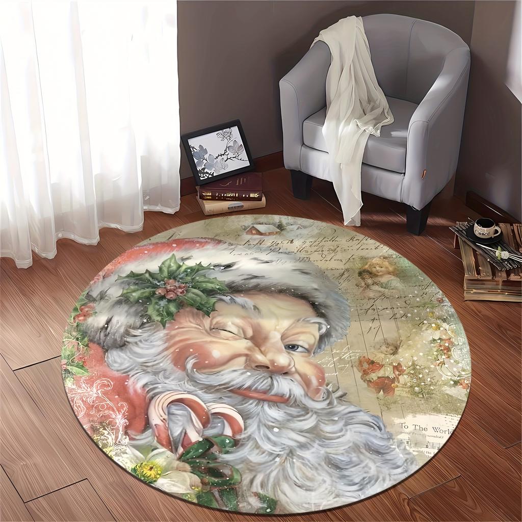 Christmas Santa Claus Pattern Round Shape Floor Mats Kitchen Hallway Runner Rug Bedroom Living Room Soft Carpet Non-slip Area Rug