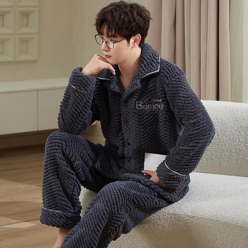Herren Plüsch Dick Pyjama Set für Herbst/Winter – Warme Haus- & Outdoor-Bekleidung, Übergrößen verfügbar