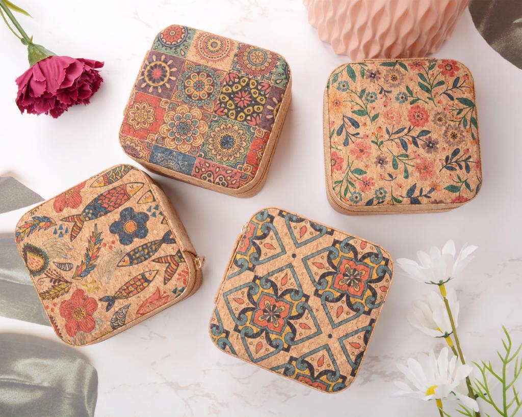 Vintage Cork Jewelry Organizer Box Bohemia Portable Earrings Storage Box Flowers Retro Necklace Storage Case Display Travel