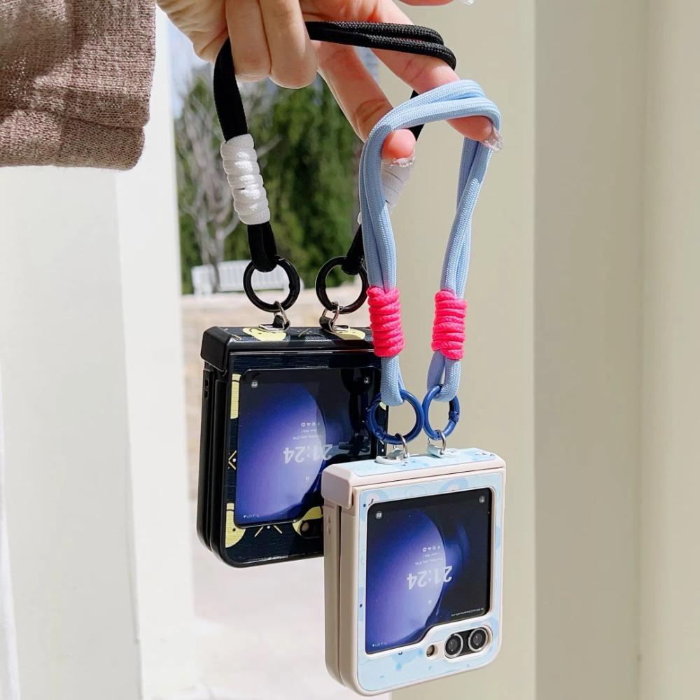 Leather Wrist Strap Happy Face Cute Bear Phone Case for Samsung Galaxy Z Flip 6 5 4 3 Flip6 5G Hinge Protection Shockproof Cover