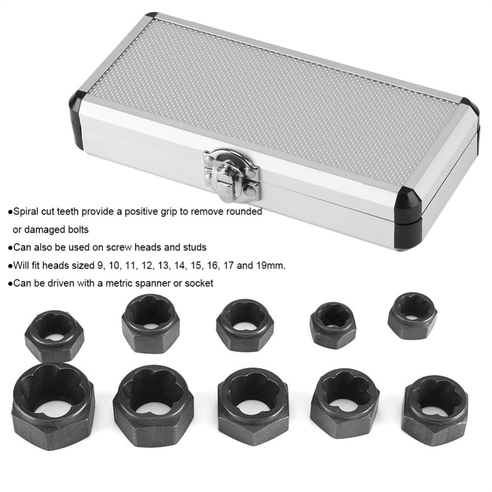 10pcs 9-19mm Damaged Nut Bolt Remover Kit Bolt Broken Nut Screw Remover Extractor Removal Set Threading Tools Kit