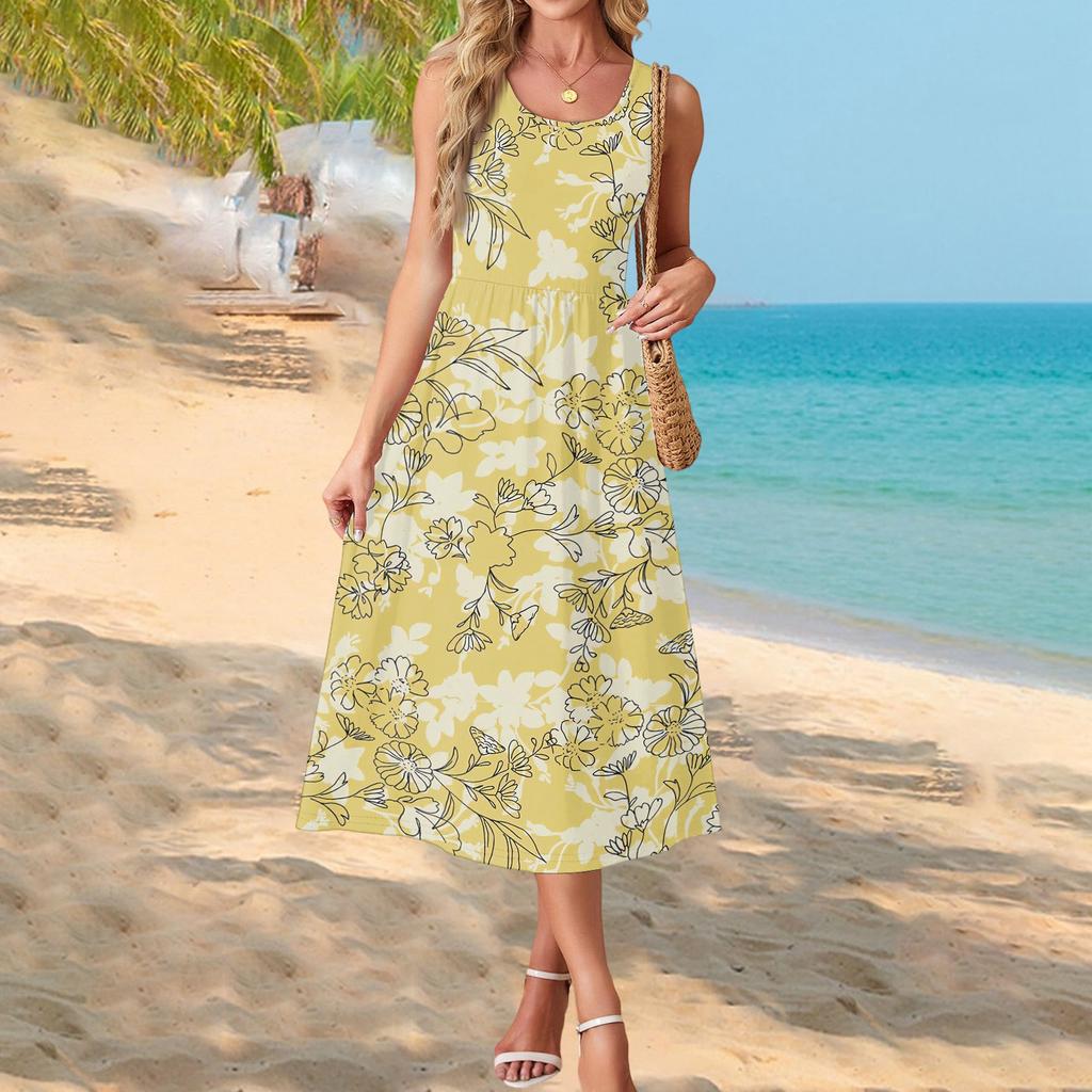 Fashionable Women's Summer Dress with Gradient Print, Elegant Casual Wear, Beach Vacation Sun Skirt with Pocket