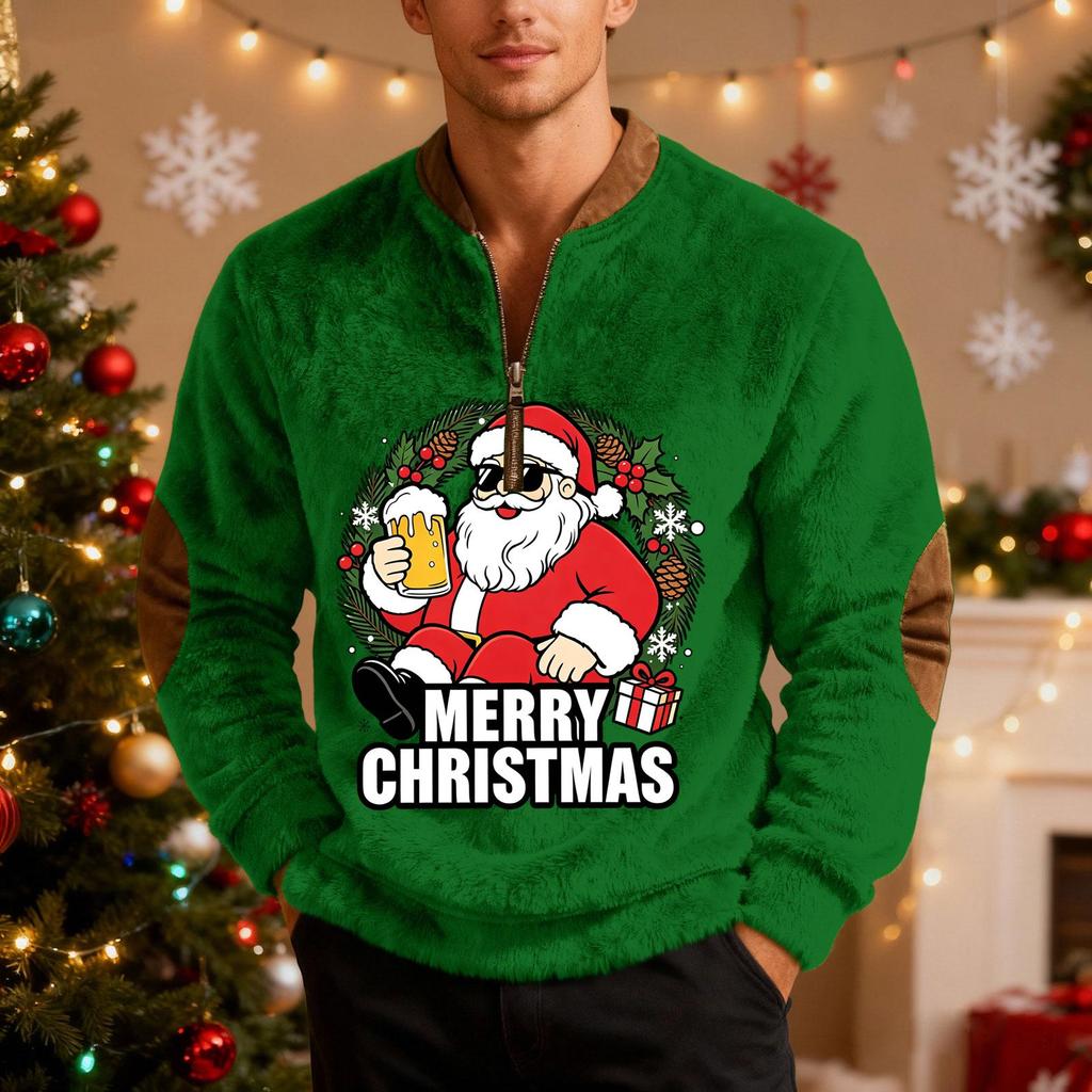 Men's Casual Christmas Print Zip-Up Sweatshirt for Holiday Parties and Everyday Wear