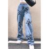 Womens High-Waisted Straight Leg Denim Jeans Loose Fit Printed Casual Streetwear Pant