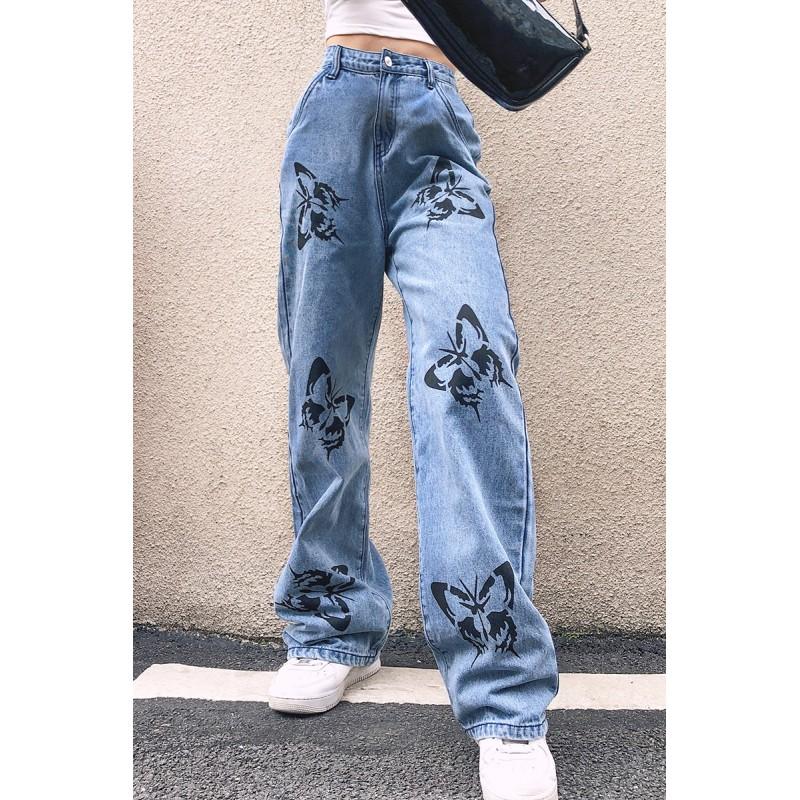 Womens High-Waisted Straight Leg Denim Jeans Loose Fit Printed Casual Streetwear Pant