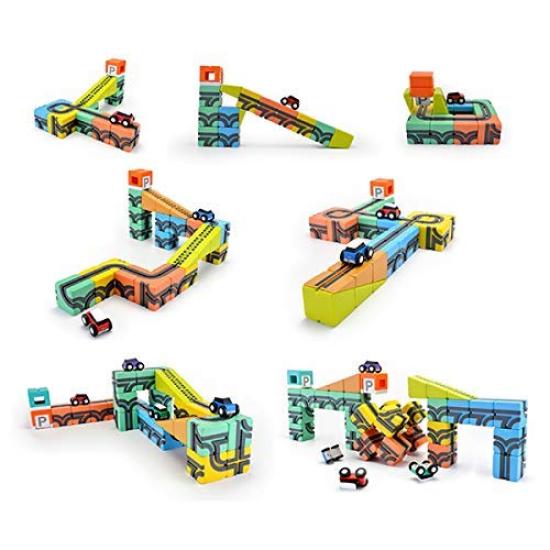 Qbitoy (QBI) PLUS 33-Piece Set with 4 Cars, Kids Design Award Winner, Challenge Card Included, Ages 3+