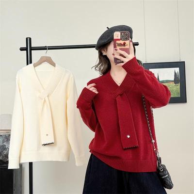 2025 Autumn Plus Size V-neck Bow Tie Sweater for Women - New Year Outfit, Long Sleeve Knitwear
