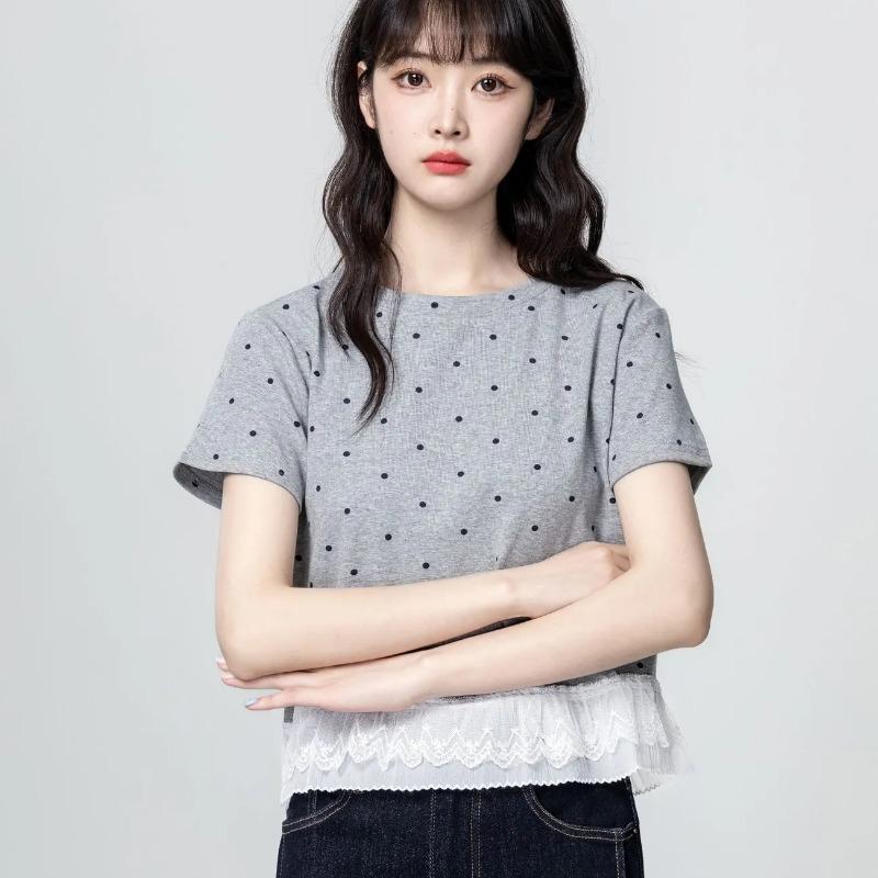 Women Polka Dot Lace Patchwork Short Sleeve T Shirt Casual Loose Top