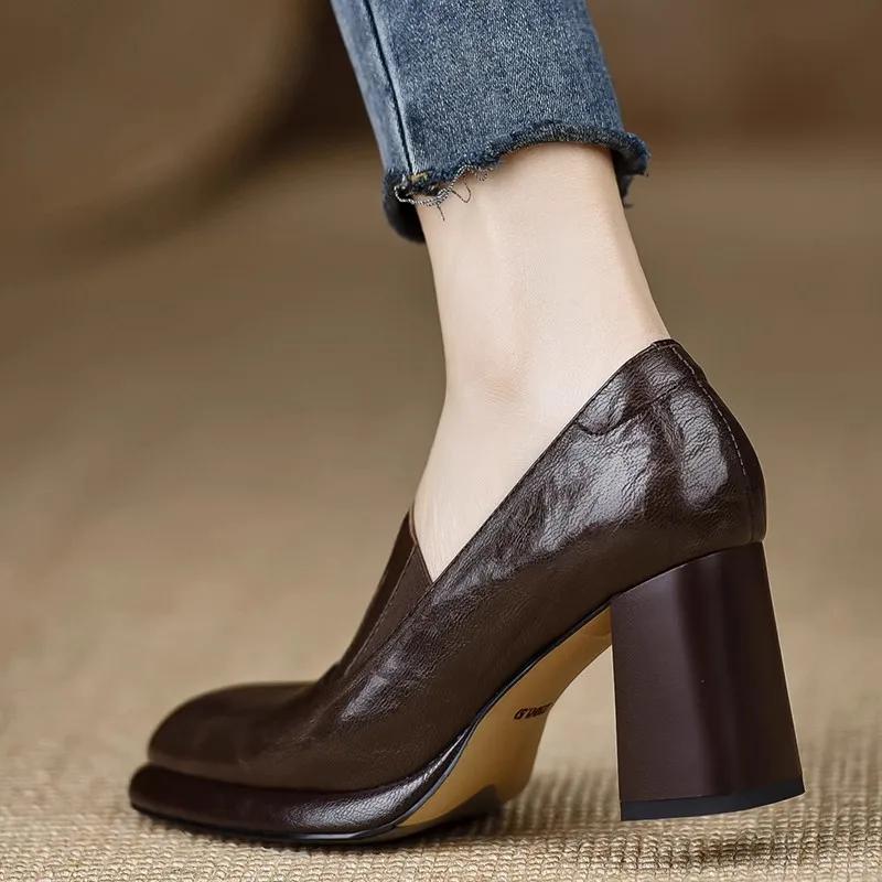 Moda Feminina Retro Bombas Primavera Outono Grosso Salto Quadrado Sapato Slip-On Bombas Femininas Biqueira Quadrada Estilo Francês Sapatos Femininos 7,5 CM