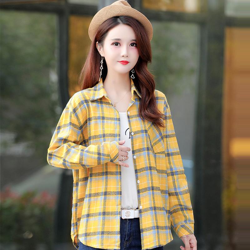 Women's Standing Collar Plaid Shirt Casual Loose Shirt Office Shirt