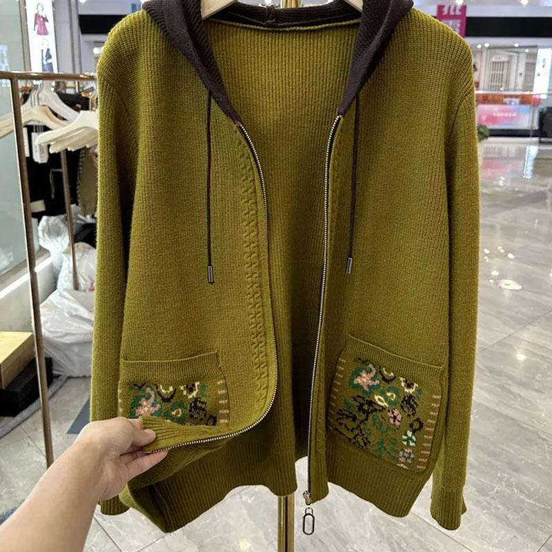 Sweaters Coat Cardigan for Women Autumn Winter Large Size Loose Long Sleeve Knit Cardigan Hooded Middle-Aged Sweaters Jacket