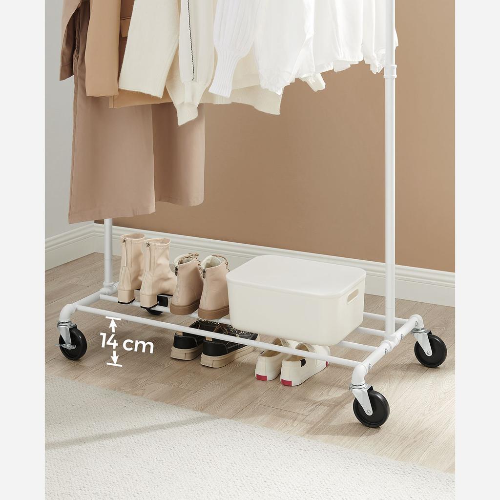 SONGMICS Clothes Rail, Clothes Rack on Wheels, Heavy-Duty Clothing Rail, Holds 90 kg, Industrial Design, Coat Stand with 1 Hanging Rail and Shelf