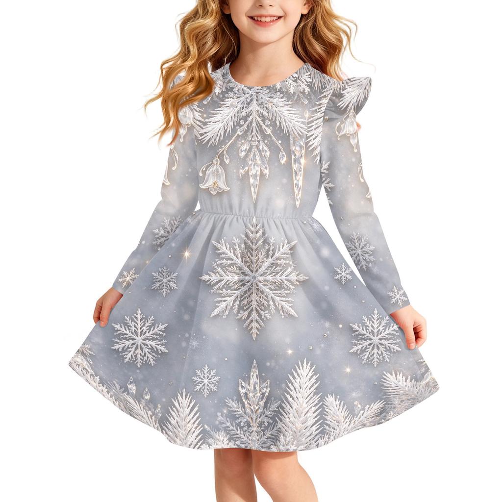 Girls' Christmas Print Long Sleeve Dress with Sleeves for Holiday Party