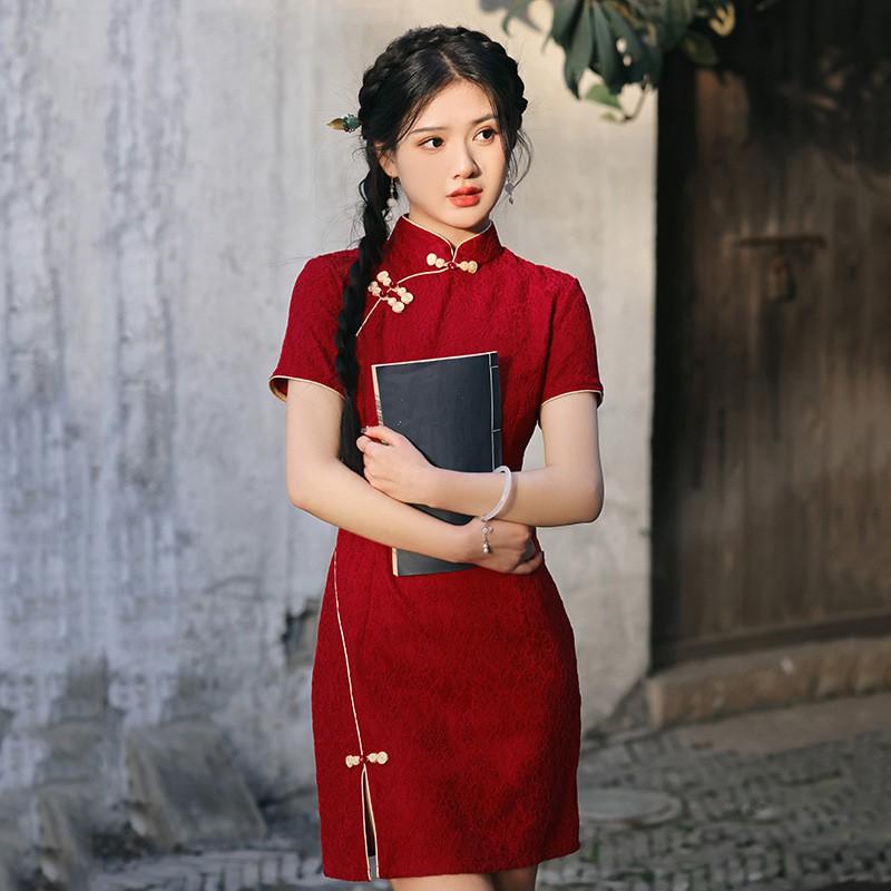 Lace Red Cheongsam Dress Short Style Modern Chinese Inspired Womens Mini Qipao With Stand Collar Small